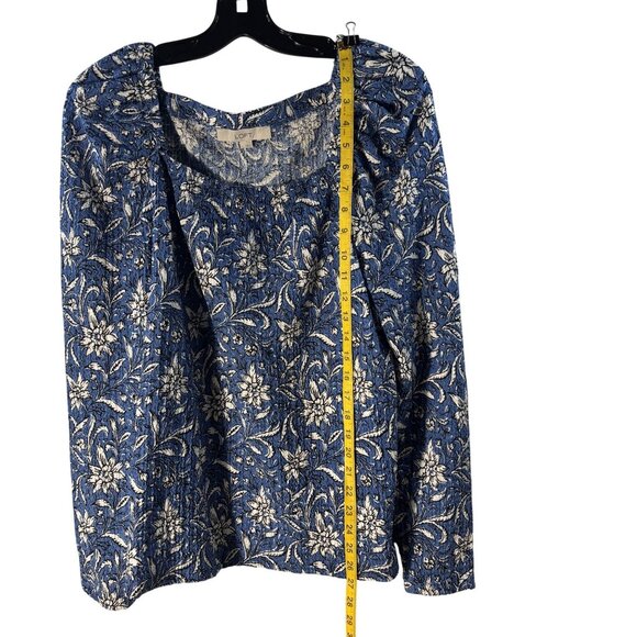 Floral Blue & White Long Sleeve Square Neck Top By Loft Size L - Picture 7 of 8